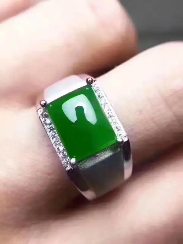 Природный Хотан нефрита человек кольцо стерлингового серебра 925 пробы Оптовые Fine jewelry 8*10 мм gem