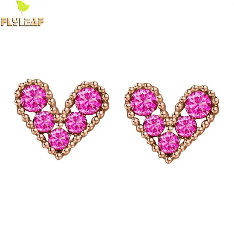 

100% 925 Sterling Silver Rose Gold Color Red Cubic Zirconia Heart Stud Earrings For Women Flyleaf Cute Style Girl Jewelry