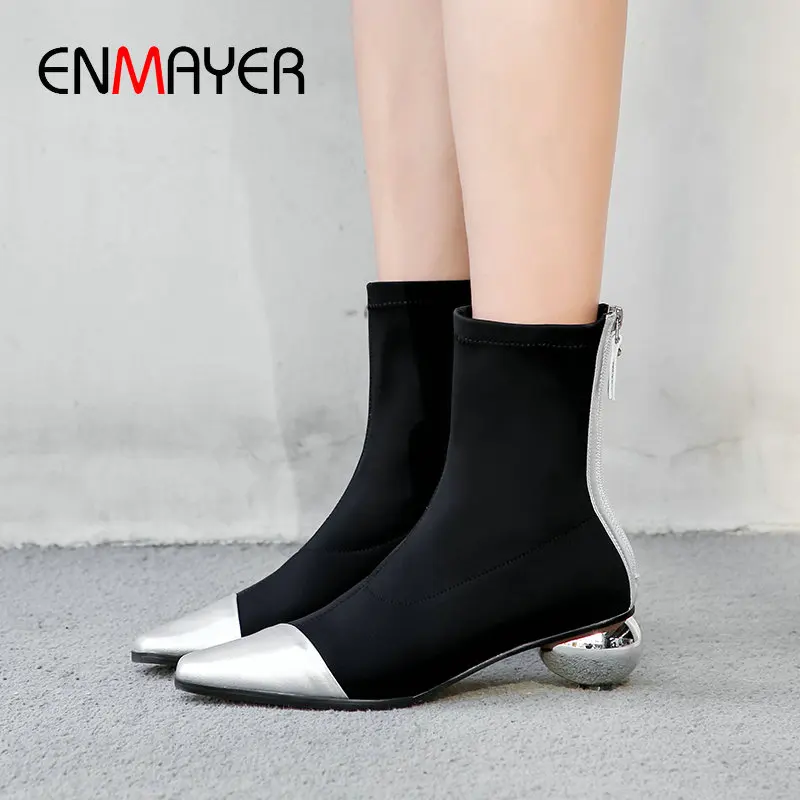 

ENMAYER 2019 Winter Boots Women Basic Pointed Toe Round Heels Stretch Fabric Luxury Shoes Women Designers Ankle Boots Size 34-39