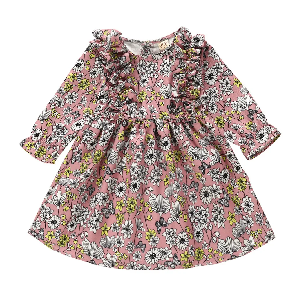 Dress Baby Kids Dresses For Girls Long Sleeve Floral Print Ruffled Casual Princess Frocks Girl Vestidos De Nina |
