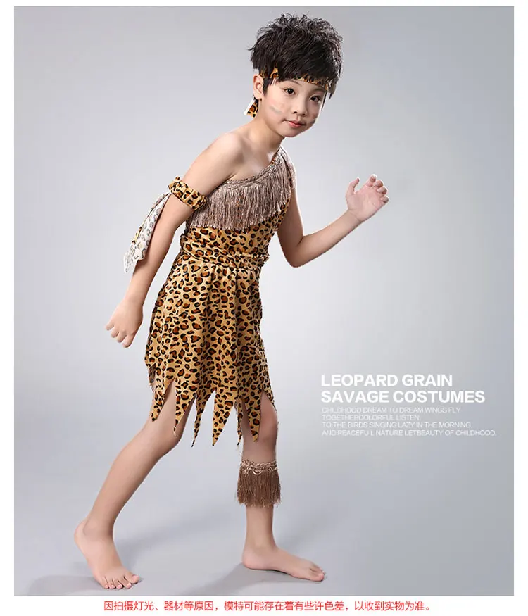 Children Savage Caveman Costumes Boy Leopard African Tribal Hunter Clothing for Girl Performance Costumes Cosplay Dress