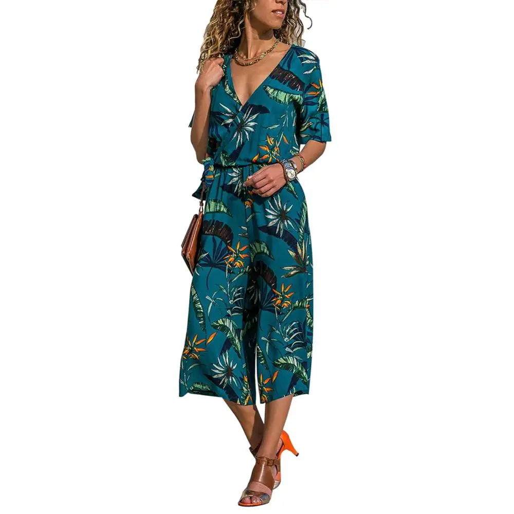 Casual Floral Print Wide Leg Jumpsuit Women 2019 Summer Short-Sleeved High Waist Jumpsuit Ladies Boho Deep V Neck Wrap Jumpsuit Casual Floral Print Wide Leg Jumpsuit Women 2019 Summer Short-Sleeved High Waist Jumpsuit Ladies Boho Deep V Neck Wrap Jumpsuit