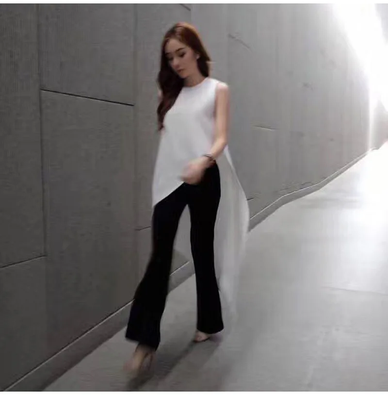 

2019 Summer New Irregular Trim Long Tail Flutter Solid Tops Sleeveless Chiffon Blouse Women Shirt Round Collar Black White Blusa