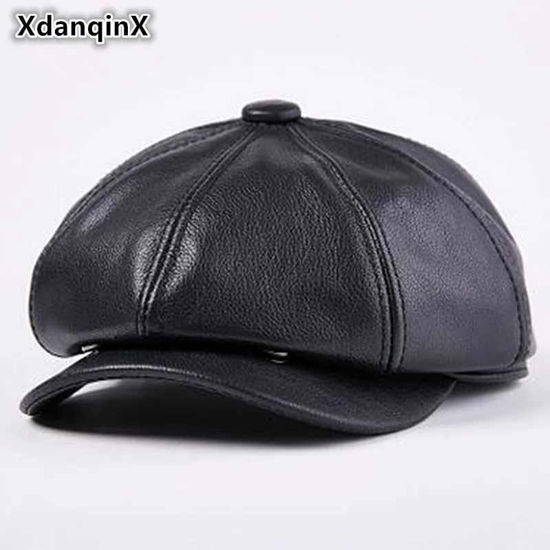 2018 Spring Fall Winter 2 Layers Cowhide Leather Hat Gender Leisure Leather Hat Flat Cap,Leisure Fashion Cap. Color : Black, Size : L Happy-L Hat
