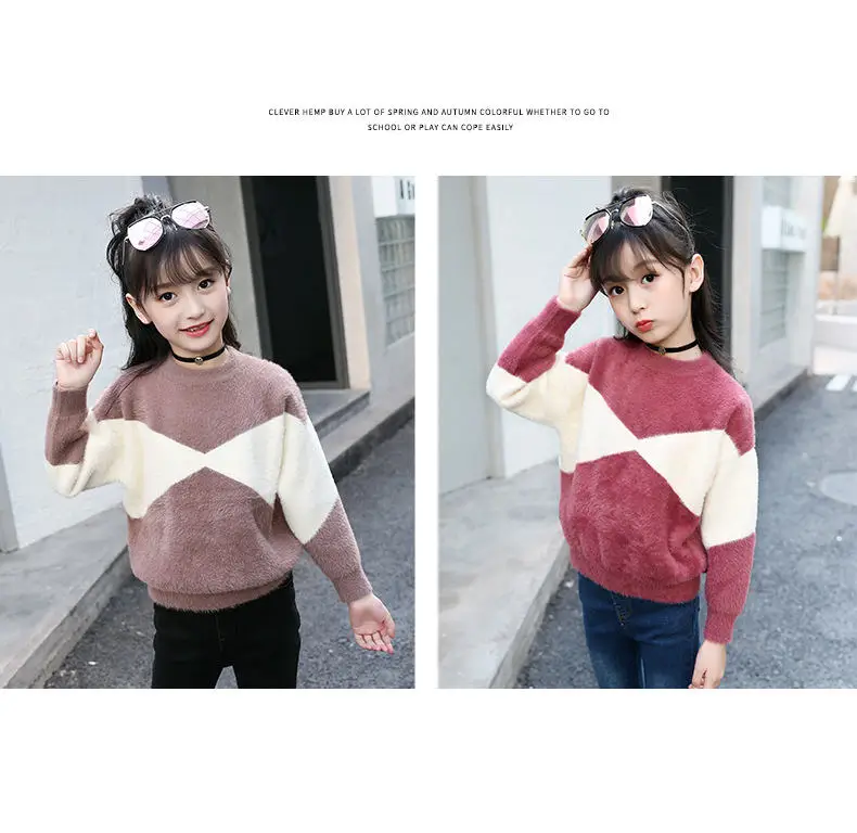 Teen Girl Sweater New Fashion Knit Thick O-neck Coat Contrasting Color Pullover Sweaters Cotton Knitwear Clothes 6 8 10 13Y