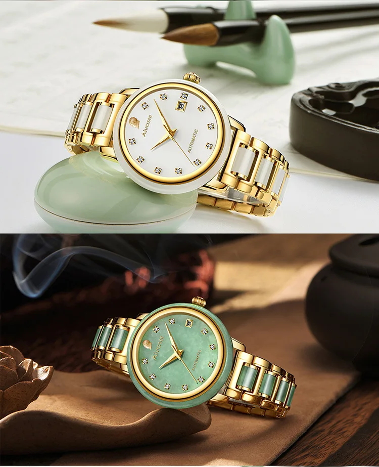 Лучший бренд изумрудные полые автоматические водостойкие мужские каменные механические часы пара часов женские нефритовые часы Relogio Masculino