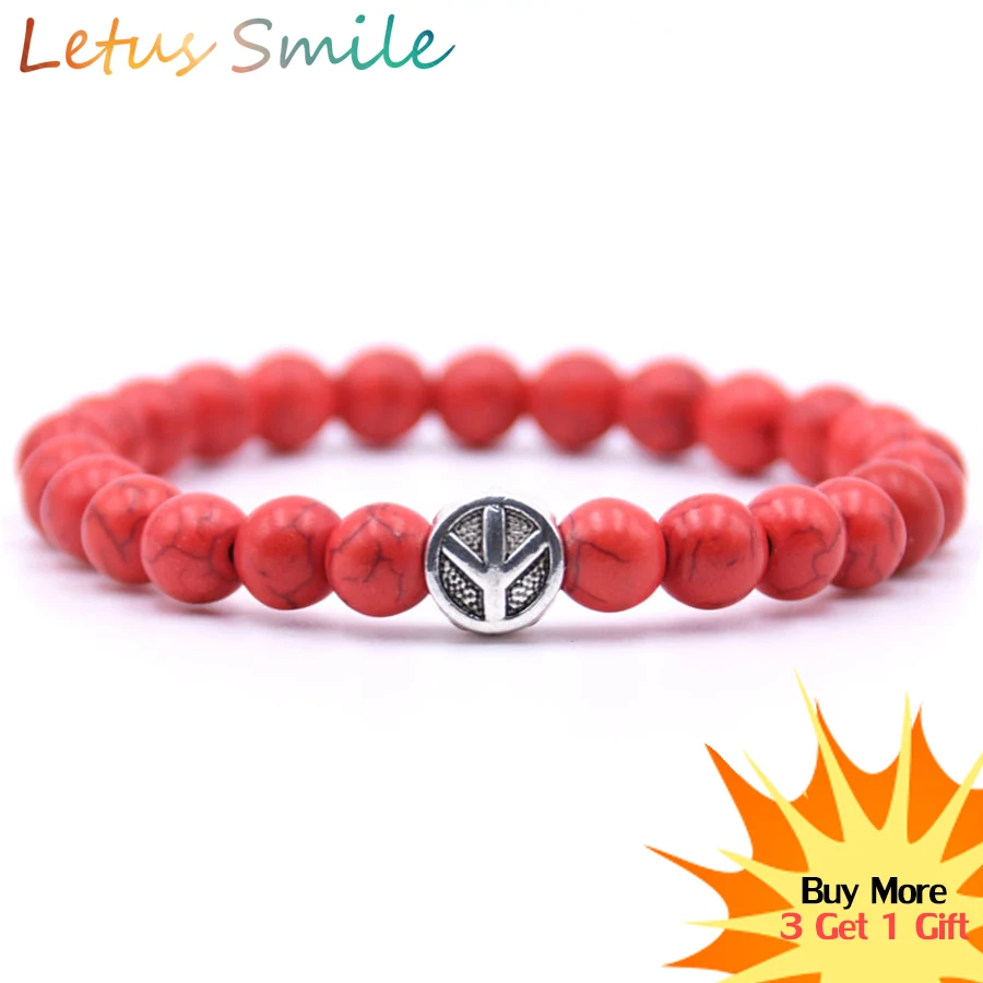 

Peace Symbol Red Turquoises Strand Bracelets for Women Nature Stone Bead Beaded Bracelet Fashion Semi-precious Jewelry Braslet
