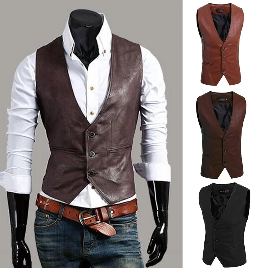 ZOGAA Men's Slim Vest Sleeveless Jacket Casual PU Leather Vests Button ...