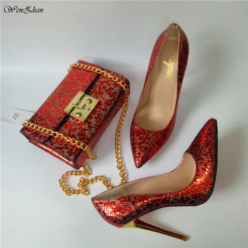 

Custom Handmade High Heel Soft Shoes With Matching Bag WENZHAN Latest Print Leather slip on shoes With HandBag stunning red A7-4