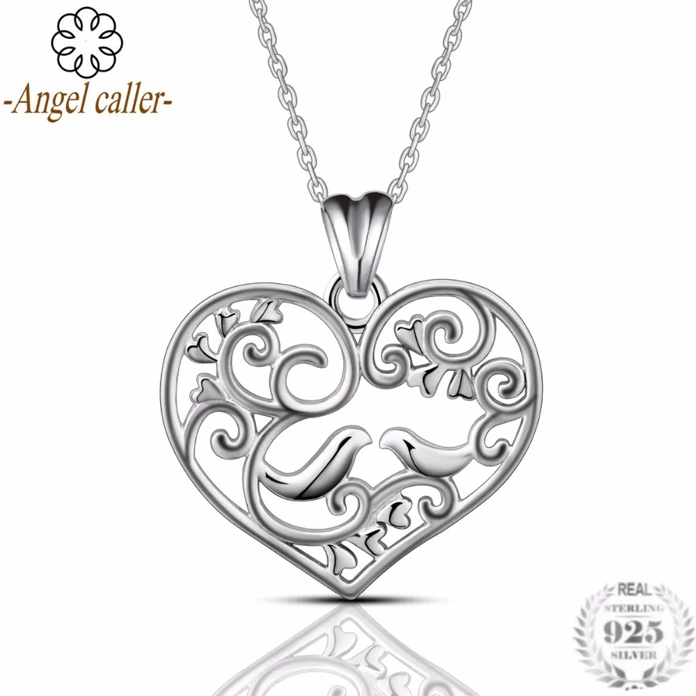 

Angel Caller NEW 925 Sterling Silver Female Heart Love Pendant Necklace Flowers birds Pendants Fashion Girl Clavicle Chain CYD37