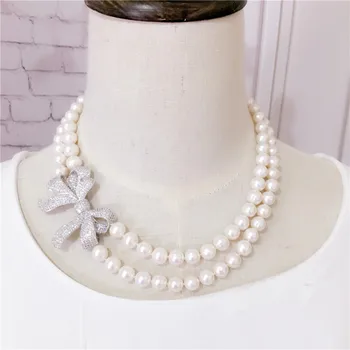 

hot sell high-end natural freshwater 9-10 mm white pearl micro inlay zircon stereo bowknot luxury short necklace fashion jewelry