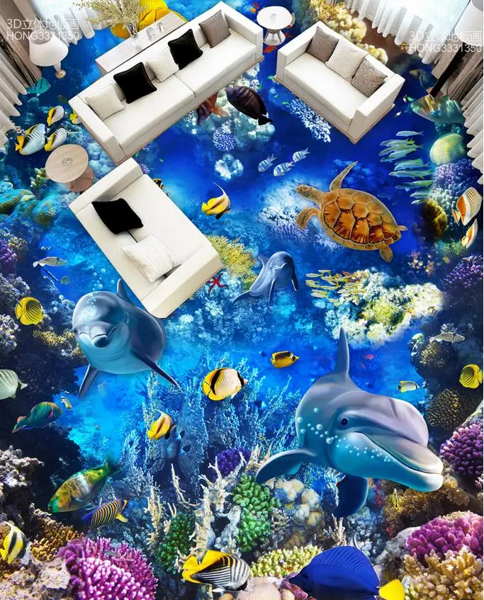

Home Decoration 3D stereoscopic Sea World Dolphin PVC waterproof floor Custom Photo self-adhesive 3D floor