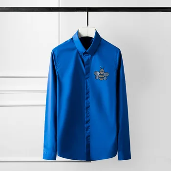 

New Solid Color Mens Shirts Plus Size 4xl Luxury Diamond Crystal Bee Long Sleeve Mens Dress Shirts Fashioin Casual Shirts Man
