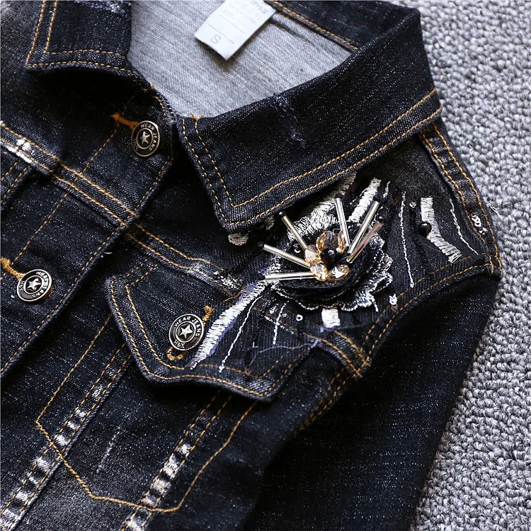 Veste Automne Et Nouveau Femmes Européen Large Taille Broderie Hiver À 2018 Casual Fleurs Paillettes Denim UFnzAqq