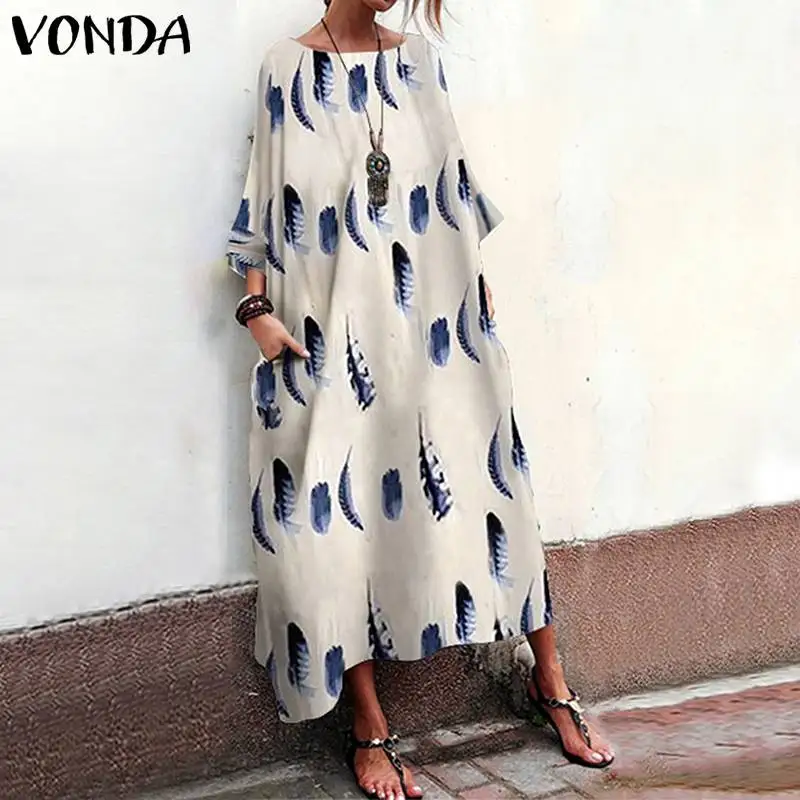 VONDA البوهيمي المرأة فستان مُزين بطباعة الصيف 2019 خمر مثير طويلة ماكسي اللباس حزب شاطئ اللباس فام زائد حجم فستان الشمس S-5XL