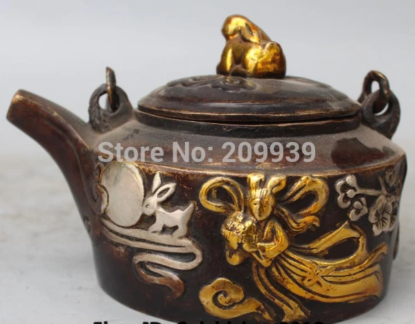 

huij 006585 Marked Chinese Folk Myth Chang e goddess bronze gilt Silver Wine Tea Pot Statue (A0314)