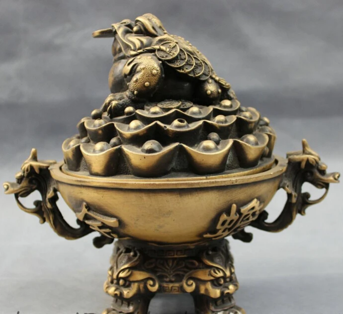

JP S0114 8" Chinese Bronze Coin Hoptoad Dragon Lion Head Statue Incense Burner Censer Discount 35%