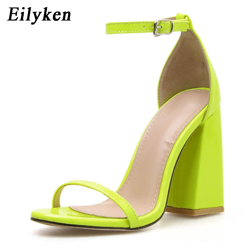 Eilyken/ г. Новые Модные флуоресцентные зеленые женские босоножки на ремешке с пряжкой пикантные вечерние босоножки на высоком квадратном каблуке с открытым носком