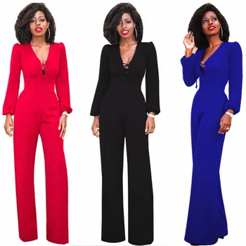 

2019 Plain Black Blue Red Solid OL Workwear Autumn Jumpsuit Wrap Lace Up Sexy V-neck Long Sleeve Women Elegant Wide Leg Jumpsuit