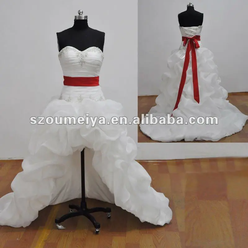 ORW181 OUMEIYA Prawdziwe Zdjęcia Organza Red i Białawej Krótki Przód Długi Powrót Suknie Ślubne