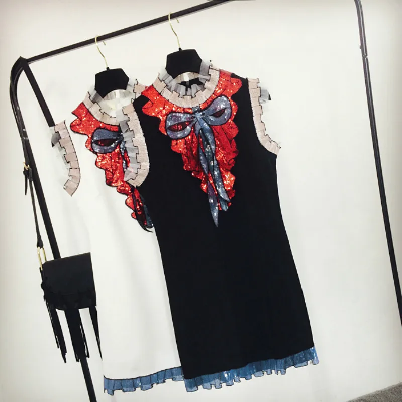 

Women Summer Dress Vest Sequines Dresses Short Loose Waist Ruffles Bow Print Sleeveless Cute Campus Style New Fashion Hot Girls