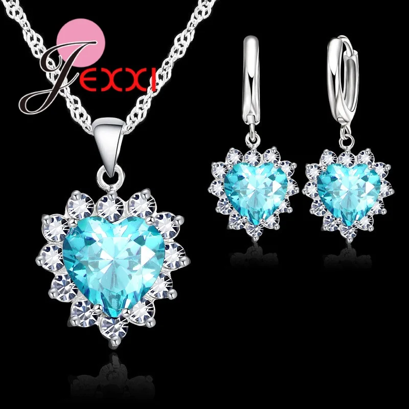 Новая мода 6 цветов женское сердце кристалл ювелирный набор для свадьбы обручение 925 пробы Серебряное ожерелье серьги