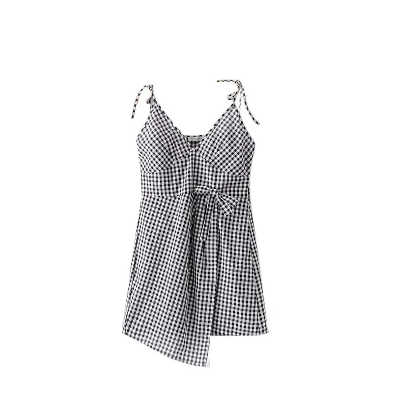 

2019 Summer Very Sexy Irregular Cutting Dress Slim High Rise Black White Plaid Adjustable Spaghetti Straps Bow Decor Dress