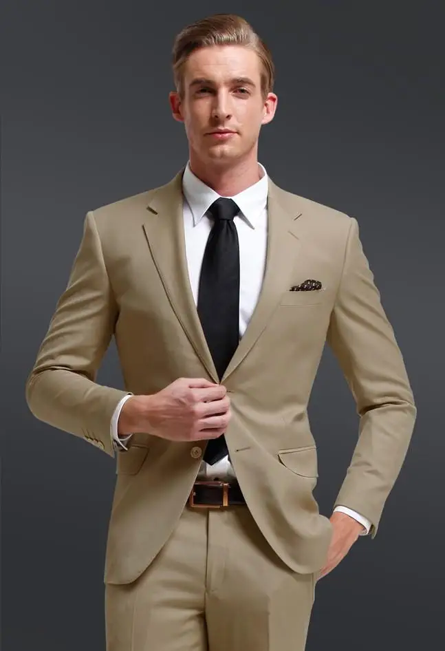 Little Fresh Notch Collar Men Suits Khaki Groomsmen Suit For Beach Wedding 2017 Young Men's