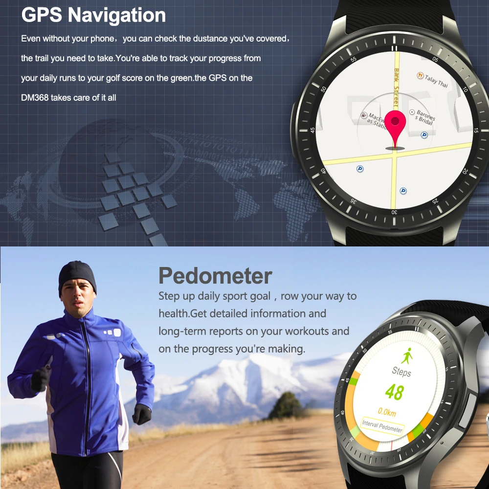 DM368 Smart Watch Andriod MTK6580 With SIM Card 3G Watch phone WiFi GPS Heart Rate tracker Monitor Bluetooth Smart Watch man