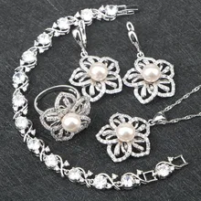 Серебро 925 ювелирные изделия свадебный ободок с жемчужинами Ювелирные наборы для женщин циркониевый браслет жемчуг серьги кулон ожерелье Кольца Набор