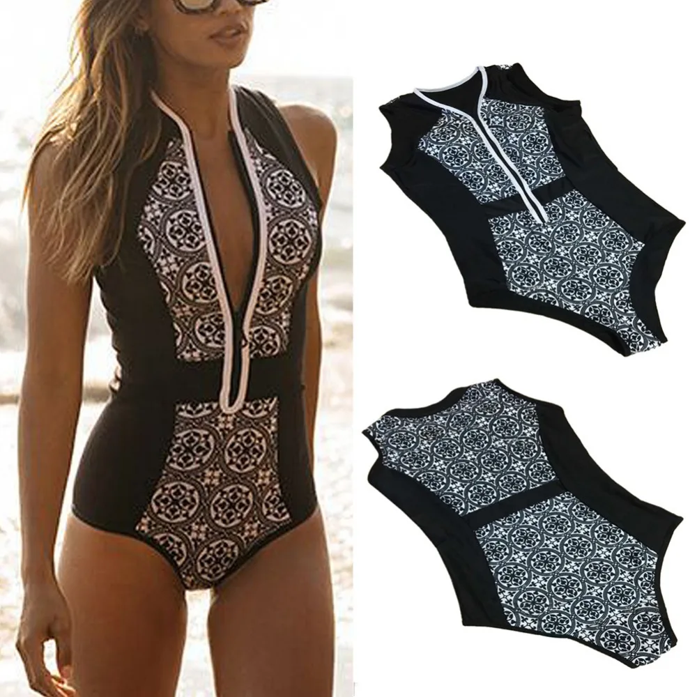 2017 New Women One Piece Swimsuit Vintage Print Zipper Front Plus Size Swimwear Brazilian Bathing Suit Beach Wear Monokini Black plus-size-black-swimsuit : image 2017 New Women One Piece Swimsuit Vintage Print Zipper Front Plus Size Swimwear Brazilian Bathing Suit Beach Wear Monokini Black plus-size-black-swimsuit