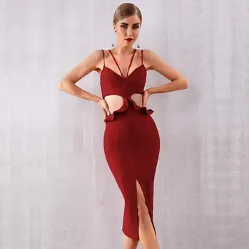 

Strap Red Bodycon Hollow Out Dress Celebrity Sexy V-Neck Backless Knee Length Club Party Dresses Summer Dress