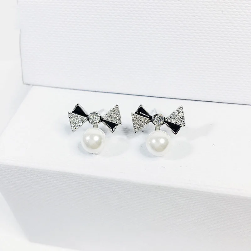 

The new listing Bow with white&black cubic zirconia pearl 925 Sterling silver Earrings diy fashion jewelry free shipping