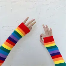 Для женщин Harajuku локоть Длина пальцев рук рукава теплые Радуга Цветной полосатые трикотажные солнцезащитный крем Хеллоуин костюм перчатки