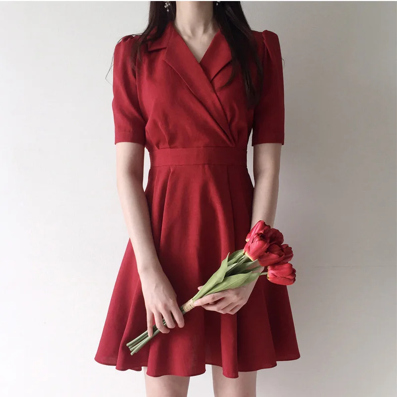 

V Neck a Line Mini Red Dress Vintage Clothes Pink Office Gothic Vestido Curto Ropa Mujer Verano 2019 Korean Sun Party Dresses De