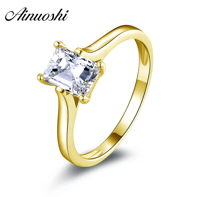 

AINUOSHI 10K Solid Yellow Gold Wedding Ring 1 ct Rectangle Cut Solitaire Sona Simulated Diamond Jewelry Women Engagement Rings