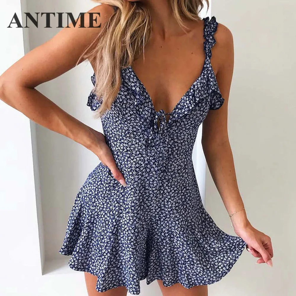 

ANTIME Women Casual Pleated Dresses Spaghetti Strap Deep V Neck A Line Print Floral with Ruffles Sleeveless Mini Sexy New Dress