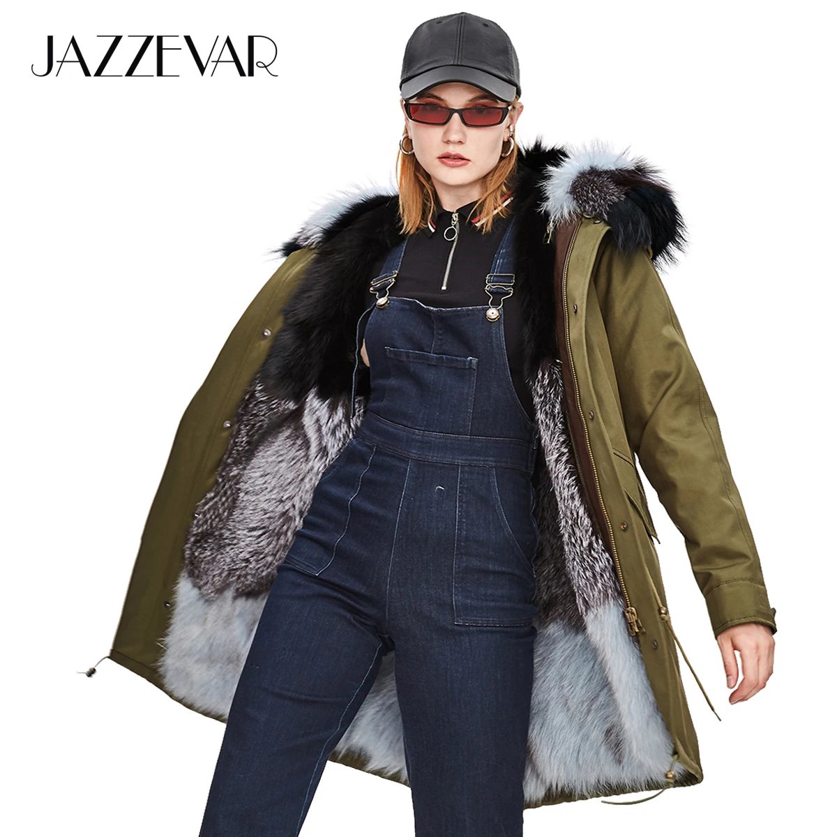 

JAZZEVAR 2019 New Winter High Fashion Women Luxurious Large Fox Fur Military Parka Detachable Thick lined Hooded Waterproof Coat