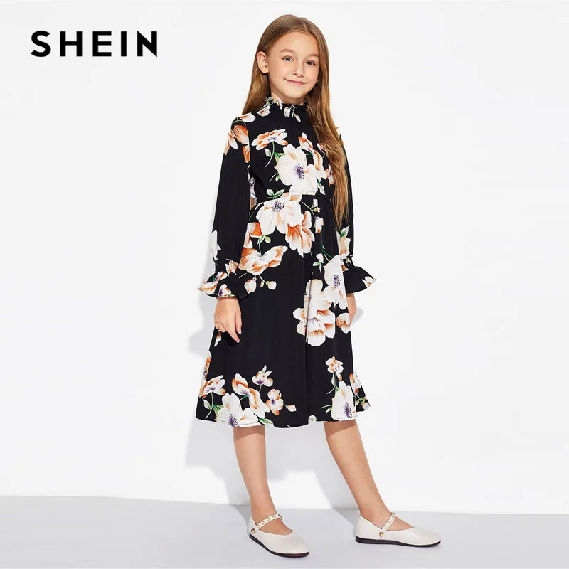 SHEIN Нарядное Платье С Цветочным Принтом Для Девочек, Платье С Длинным Рукавом