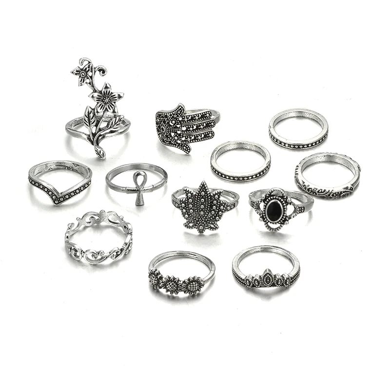 HuaTang Vintage Antique Silver Ring Geometric Hand Flower Carved Rhinestone Rings Knuckle Anillos Anel Rings Jewelry 6394