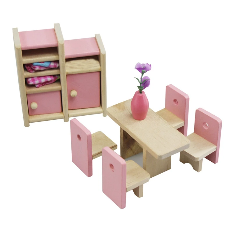 1 مجموعة طفل خشبية نتظاهر اللعب أثاث لعبة إكسسوارات دمي الأثاث مصغرة الجدول السرير المعيشة غرفة ألعاب أطفال هدية