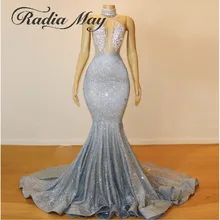 Блестящие Блестки с открытой спиной Серебристые африканские платья для выпускного вечера русалка длинный корт поезд аппликации черное выпускное вечернее платье для девочек