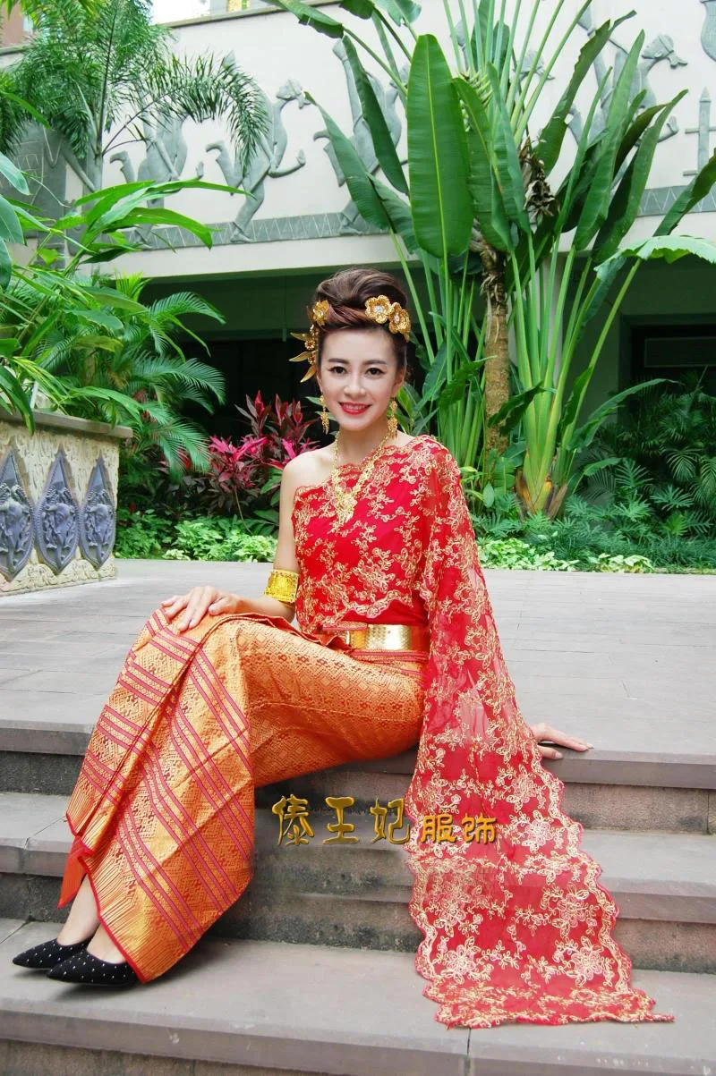 Азия Таис Лаос Вьетнам дай нация народный танец костюм дай красный шарф одно плечо традиционный без рукавов свадебный наряд для невесты