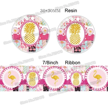 

printed cartoon pineapple grosgrain ribbon and resin sets 7/8inch 50yard ribbon and 50pcs resin 1 set REB24