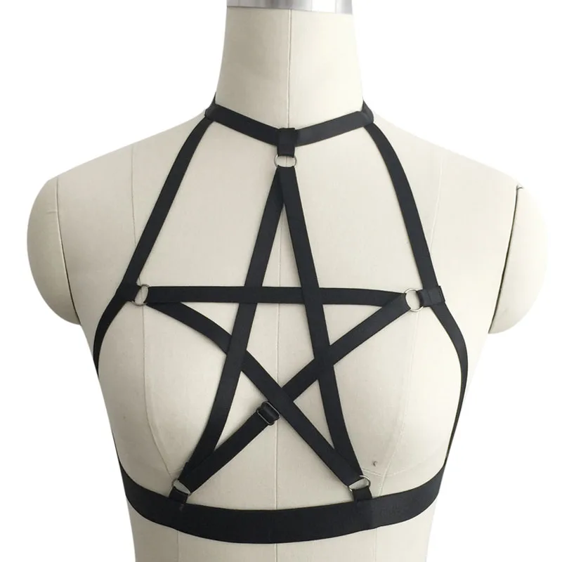 

Sexy Hot Women Pentagram harness Bra crop top Spandex Adjust Open Cage bra harness body stocking Goth harajuku Pentagram harness