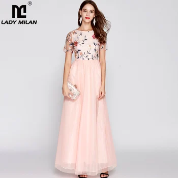 

Lady Milan Women's O Neck Short Sleeves Embroidery Bodice Fashion Party Prom Long Elegant Designer Runway Dresses