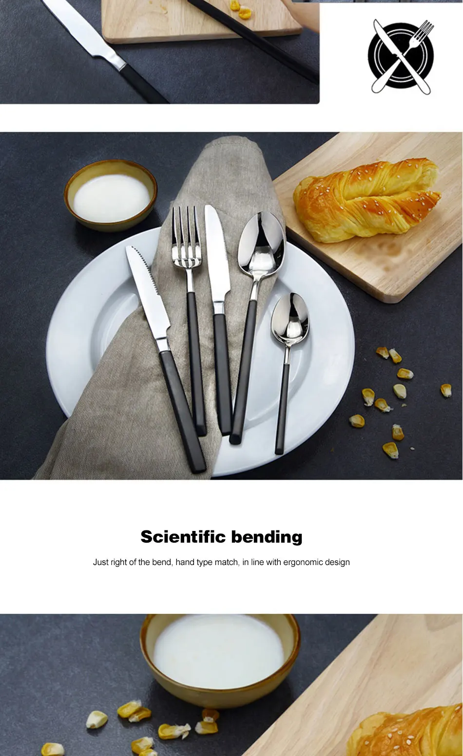 Silver Plating Black Handle Dinnerware Set 304 Stainless Steel Knife Fork Tableware Set Cutlery Dinner Feast Western Food Sets (6)
