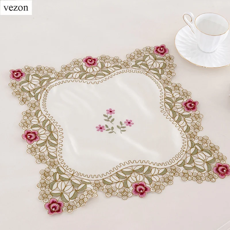 

vezon Hot Selling Elegant Polyester Floral Round Doily Embroidery Placemat Tablecloth Embroidered Napkin Tissue Box Covers