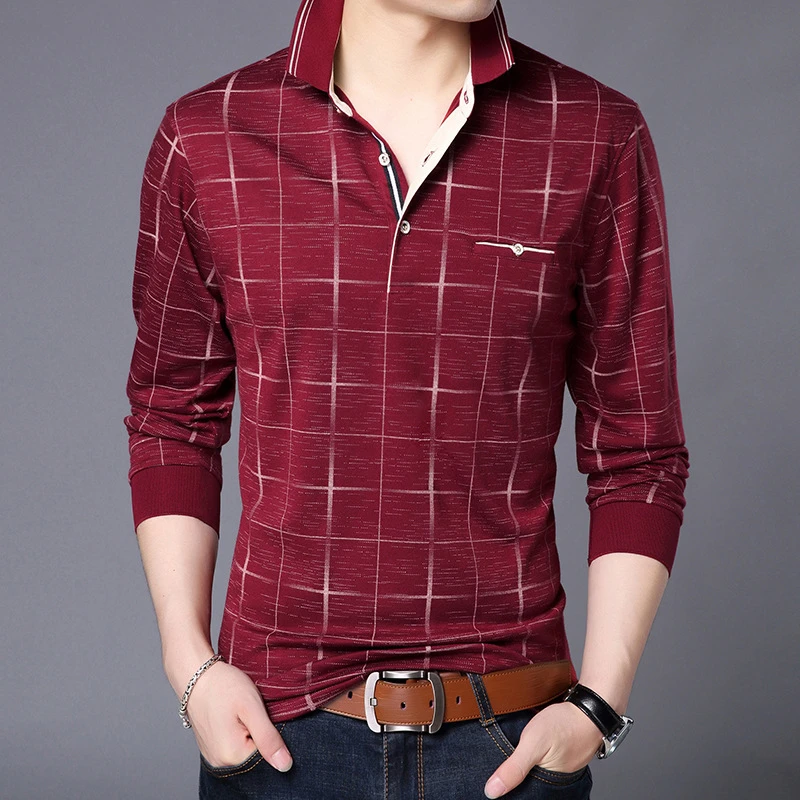 

ARCSINX Long Sleeve T Shirt Men Spring Autumn Plaid Men T-shirt Turn-down Collar Cotton Casual Tshirt Men High Quality Brand