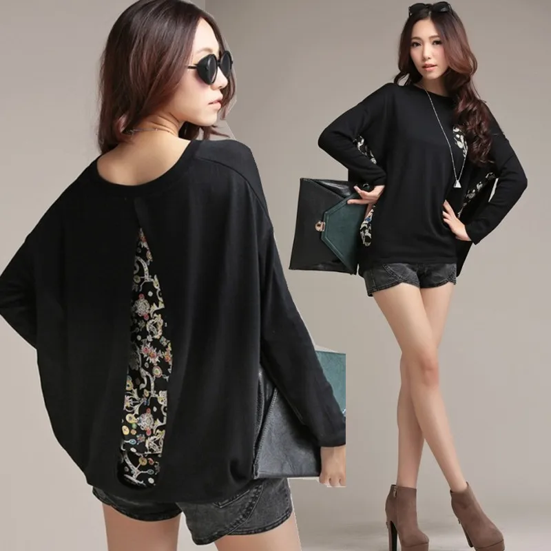 

XL~5XL Plus Size NEW Autumn Women Fashion Cotton Batwing Sleeve Split Chiffon Print T shirt Female Casual Loose Oversized Tops